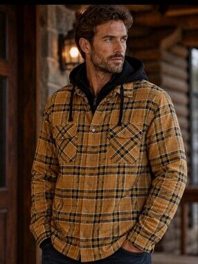 NWT Men's Hooded Plaid Flannel Jacket - Yellow Plaid